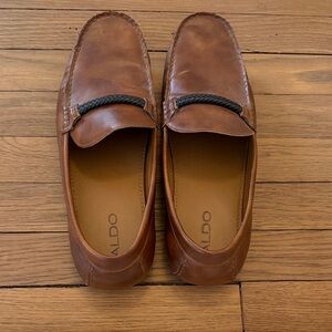 ALDO Men's Tan Leather Slip-On Loafers with Black Braided Accent
